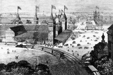 Estación de ferrocarril de Pensilvania en Filadelfia - grabado, finales del siglo XIX