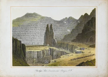 Canteras de pizarra de Penrhyn, cerca de Bangor, Gales del Norte (litografía coloreada a mano sobre papel)
