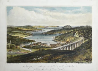 Penryn, Flushing and Falmouth Harbours (from the Old Helton Road), c.1860-80 (litografía coloreada sobre papel)