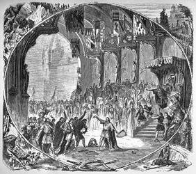 Representación de “Tannhauser” de Richard Wagner en la Ópera de París en 1861. Escena final del segundo acto. Dibujo de Alphonse de Neuville.