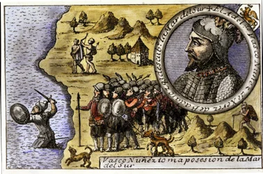 Actuación de Vasco Núñez de Balboa (1475-1517), navegante español que fue uno de los primeros en descubrir el Océano Pacífico al cruzar el Estrecho de Darién. Grabado