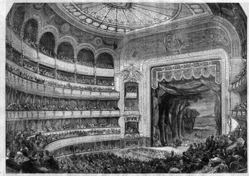 Representación de una ópera: 2º acto de "Don Quijote" de Henri Boulanger, por Miguel de Cervantes en el Teatro-Lyrique de París - Grabado en "Le Journal Illustré"