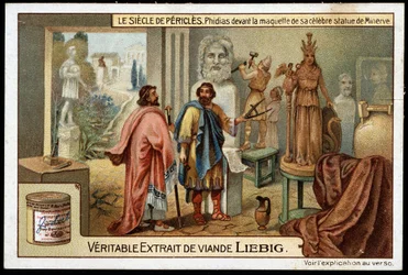 Pericles siglo (495-429 a.C.): el escultor Fidias (490-430 a.C.) frente al modelo de su famosa estatua de Minerva - cromolitografía de Liebig
