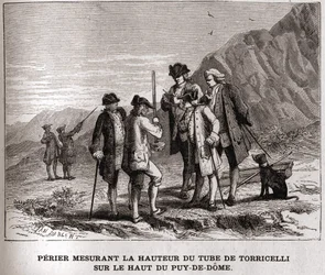 Perier midiendo la altura del barómetro (tubo de mercurio) por Evangelista Torricelli en la cima del Puy-de-Dôme el 20 de septiembre de 1618, grabado del siglo XIX, colección Bianchetti