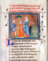 ""Personajes en conversación"" Página iluminada del manuscrito ""Le Roman de la Rose"" de Guillaume de Lorris (alrededor de 1200-1238) y Jean de Meun (Meung) (1240-1305) alrededor de 1365 Estados bibliotecarios de la Universidad de Chicago Unido
