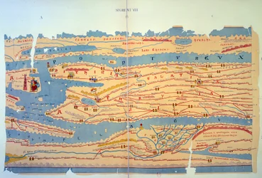 Tabla de Peutinger representando las vías romanas en Egipto y Turquía. Mapa de carreteras del siglo XIII basado en un mapa del Imperio Romano del siglo III. París, BN