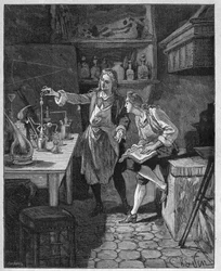 Felipe II Duque de Orleans (1674-1723) haciendo química con Humbert. Grabado del siglo XIX. En “Histoire de France” de Jules Michelet