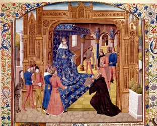 Pierre de Bressuire ofrece su libro a Juan II el Bueno en la isla de la Cité en París