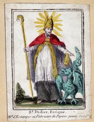 Imagen piadosa que representa a San Didier Obispo (con dragón) - Francia siglo XIX