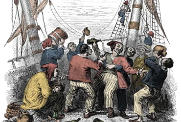 Piratas celebrando la captura de un rico botín tras el ataque a un barco enemigo. Grabado del siglo XIX