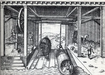 Plano inclinado para barcos en el siglo XVI en las lagunas del Brenta (Río) en el norte de Italia. Grabado en “La Nature”