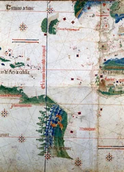 Planisferio de Cantino: Mapa de Alberto Cantino de 1502 que representa la línea divisoria impuesta por el Tratado de Tordesillas (1494) entre América portuguesa y española. Biblioteca Estense. Módena
