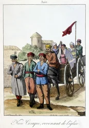 Placa de 1811 que ilustra un grupo de cosacos regresando de la iglesia después de una boda