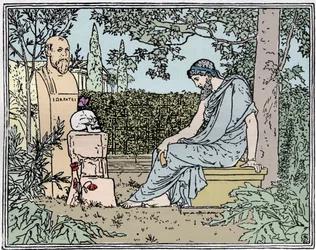 Platón meditando sobre la inmortalidad ante Sócrates, la mariposa, el cráneo y la amapola alrededor del 400 a.C. - grabado del siglo XIX