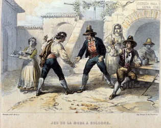 Jugadores de dados (morra), juego italiano en una osteria (taberna) en Bolonia. Principios del siglo XIX.
