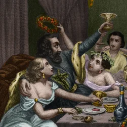 Papa Alejandro VI (1431-1503) (Alessandro, Rodrigo Borgia) Rodrigo Borgia celebra el matrimonio de su hija Lucrecia Borgia con 50 cortesanas en el Vaticano. Grabado de 1842 en “Histoire des popes: crimes, murders, poisonings, parrici