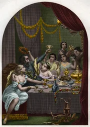 Papa Alejandro VI (1431-1503) (Alessandro, Rodrigo Borgia) Rodrigo Borgia celebra el matrimonio de su hija Lucrecia Borgia (Lucrezia) con 50 cortesanas en el Vaticano. Grabado de 1842 en “Histoire des popes: crimes, murders, poisonings, parricides”.