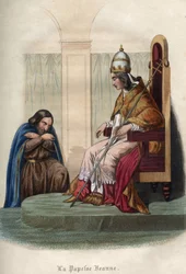 La Papisa Juana, que reinó entre 855 y 858, vestida con vestimentas papales. Grabado de 1842 en "Historia de los papas" de Maurice Lachatre. Colección privada.
