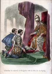 El papa Gregorio XIII (1502-1585) recibe la cabeza de Gaspard de Coligny (1519-1572), asesinado en la masacre de San Bartolomé de 1572, como regalo del rey Carlos IX de Francia (1550-1574).