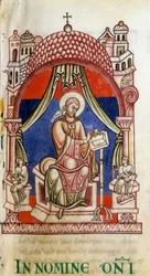 Papa San Gregorio I el Grande (540-604) rodeado por dos secretarios. Es representado escribiendo con una paloma en el hombro, símbolo del Espíritu Santo. Miniatura de las cartas de San Gregorio