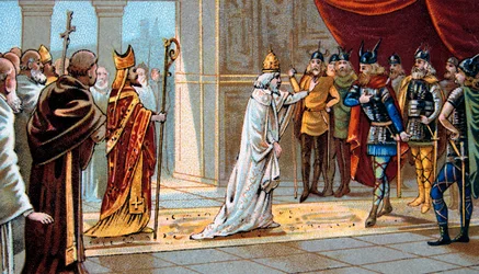 El Papa Esteban II (Stephanus) implora la ayuda de Pipino el Breve contra los lombardos en 754 en el Palacio de Ponthion