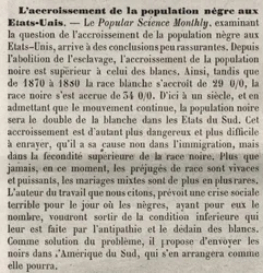 El crecimiento de la población en los Estados Unidos: comentario racista en el libro según un artículo en Popular Science Monthly. Preocupado por el aumento de la población negra estadounidense y la alta tasa de natalidad y desea remediarlo expulsándolos..