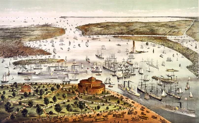 Puerto de Nueva York; vista aérea. Grabado c. 1892.