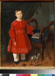 ""Retrato de un niño con un vestido rojo posando entre sus juguetes y un libro del alfabeto"" (Retrato de un niño con un vestido rojo con juguetes y un libro del alfabeto) Pintura anónima alrededor de 1840 Museo de arte y juguetes pedagógicos, Sergiyev Pos