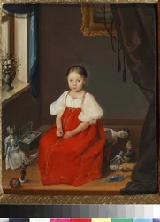 ""Retrato de una niña con un vestido rojo posando entre sus juguetes"" (Retrato de una niña con un sarafan rojo con juguetes) Pintura anónima alrededor de 1840 Museo de arte y juguetes pedagógicos, Sergiyev Posad