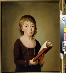 Retrato del conde Pyotr Alekseevich Galitzine (Golitsyn) (Retrato del conde Pyotr Alexeyevich Golitsyn). Adolescente joven que sostiene un libro abierto en sus manos. Pintura anónima, óleo sobre lienzo, principios del siglo XIX. Galería de Arte Regional, T