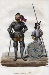 Retrato de Balduino I, Conde de Flandes (830s-879), también conocido como Balduino Brazo de Hierro. (Baudouin I, Conde de Flandes, también conocido como el Brazo de Hierro o el Bueno). Grabado de 1842 en “Histoire des popes” de Maurice Lachatre. Colección 