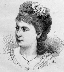 Retrato de Blanche Baretta (Barreta) (n. 1855), comediante francesa, miembro de la Comédie Française de 1875 a 1901. Grabado en "Le Monde Illustré" n°1168 del 16 de agosto de 1879