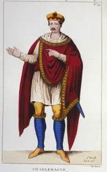 Retrato de Carlomagno o Carlos I el Grande (742 - 814) Rey de los Francos. Grabado de 1830