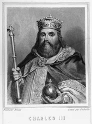 Retrato de Carlos III (839 - 888), Emperador de Occidente (881 - 887) y Regente de Francia (884 - 887) - en "Histoire des Français" de Lavallée, grabado, sd