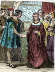 Retrato de Carlos VIII y Ana de Bretaña. Grabado del siglo XIX - Rey Carlos VIII (1470-98) y Reina Ana de Bretaña (1477-1514) - grabado