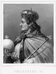 Retrato de Childeberto II (v. 570 - 596), Rey de Austrasia - en “Histoire des Français” de Lavallée, grabado, sd.