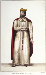 Retrato de Childeberto I (v. 495-558) Rey de París. Grabado de 1830
