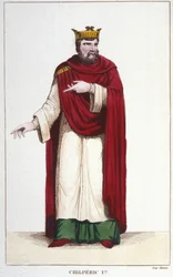 Retrato de Chilperico I (539 - 584), Rey de Neustria. Grabado de 1830