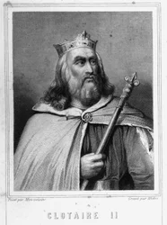 Retrato de Clotario II (584 - 628), Rey de Neustria y Rey de los Francos - en "Histoire des Français" por Lavallée, grabado, s.d.