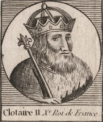 Retrato de Clotario II (584 - 628), Rey de Neustria y Rey de los Francos - Clotario II (d.629) Rey de los Francos - grabado de "Instrucción sobre la Historia de Francia" por Charles Constant Le Tellier 1821