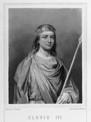 Retrato de Clodoveo III (? - 695), Rey de Austrasia - en “Histoire des Français” de Lavallée, grabado, sd