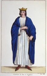 Retrato de Clodoveo II (? - 657), Rey de Neustria, Borgoña y Austrasia. Grabado de 1830