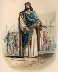 Retrato de Clodoveo I (ca. 466 - 511), Rey de los Francos. Grabado de 1868 en “Histoire de Belgique desde los tiempos primitivos hasta el final del reinado de Leopoldo I” por Theodore Juste (1818-1888). Colección privada.