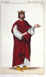 Retrato de Dagoberto I (? - 639), Rey de los Francos, Dinastía de los Merovingios. Grabado de 1830