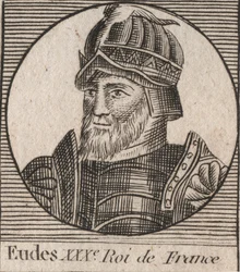 Retrato de Eudes (Odon) (c. 860 - 898), Conde de París y Troyes, luego Rey de Francia - EUDES conde de París elegido al trono francés tras la deposición de Carlos el Emperador - grabado de Instruction sur l