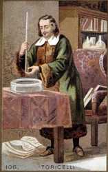 Retrato de Evangelista Torricelli o Toricelli (1608-1647), físico italiano, con su invento: el barómetro (tubo de mercurio)