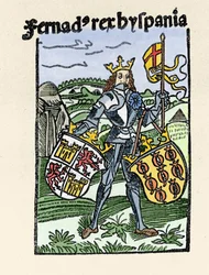 Retrato de Fernando I de Aragón el Justo (1380-1416) rey de España. Grabado de "De insulis in mare Indico super inventis", Bale 1493-1494 (traducción latina del informe de Colón al Rey de España)