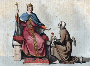 Retrato de Federico II de Hohenstaufen, Emperador del Sacro Imperio Romano Germánico, con su halconero - grabado de 
