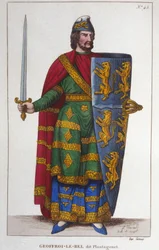 Retrato de Geoffroy V llamado Le Bel o Plantagenêt Conde de Anjou (1113-1151). Grabado de 1830