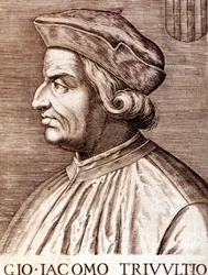 Retrato de Giangiacomo Trivulzio (Mariscal Trivulce) Marqués de Vigevano en francés Trivulce. Mariscal de Francia (1448 a 1518). Grabado del siglo XVII
